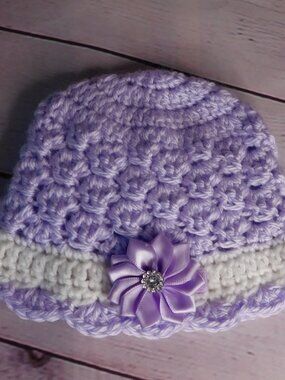 Crochet Baby Girl Hat, Purple Ribbon Flower, Newborn Photo Prop (0-3 Months)